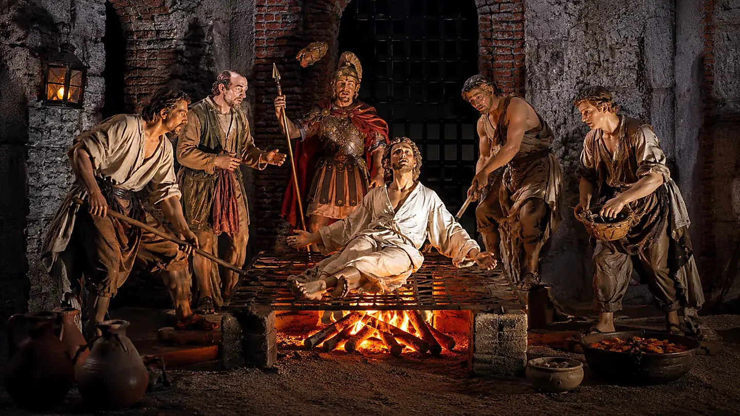 Diorama del martirio di San Lorenzo sulla graticola, realizzato a mano con tecnica presepiale